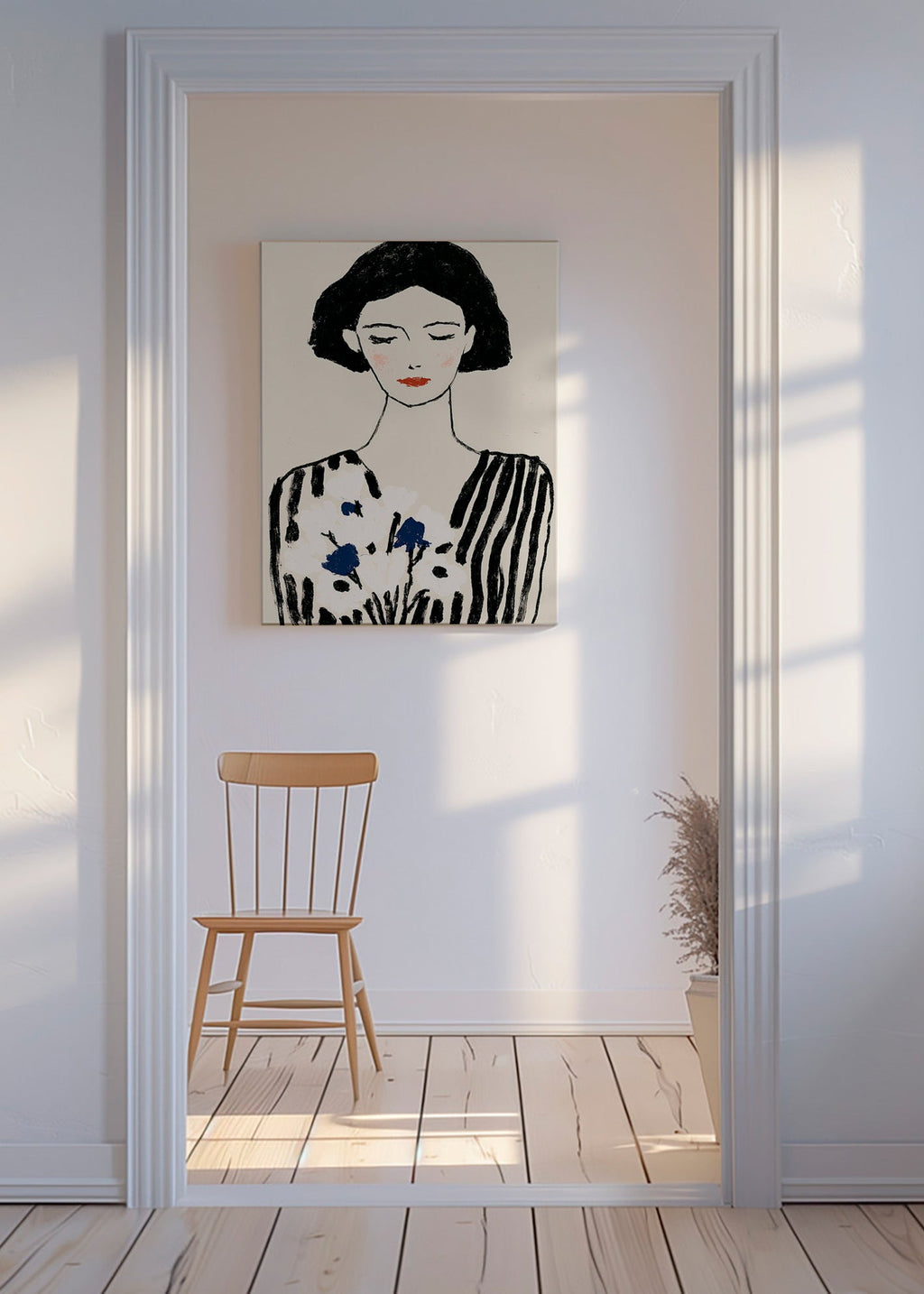 Illustration: porträtt av kvinna med blommor