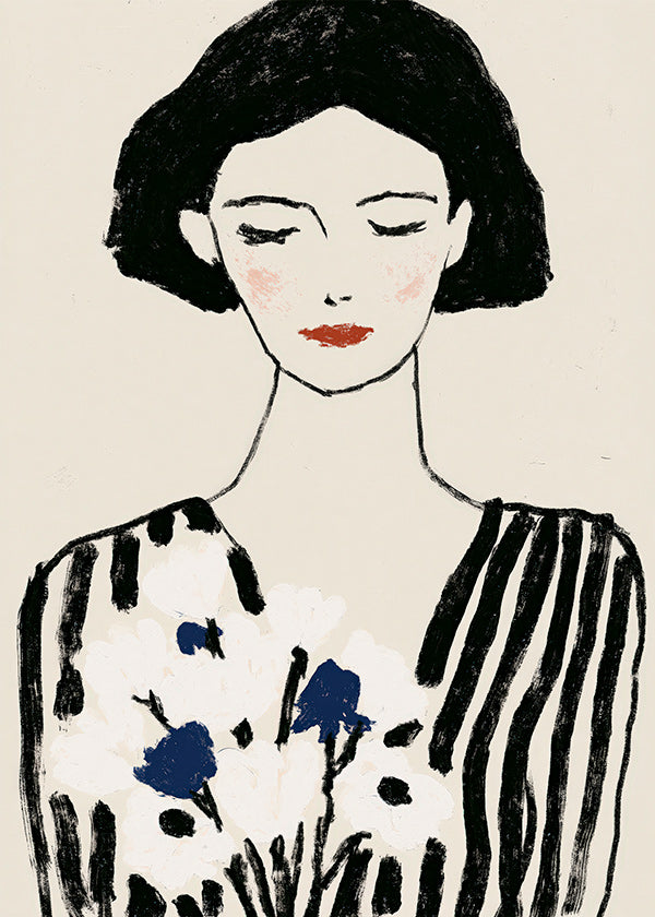 Illustration: porträtt av kvinna med blommor