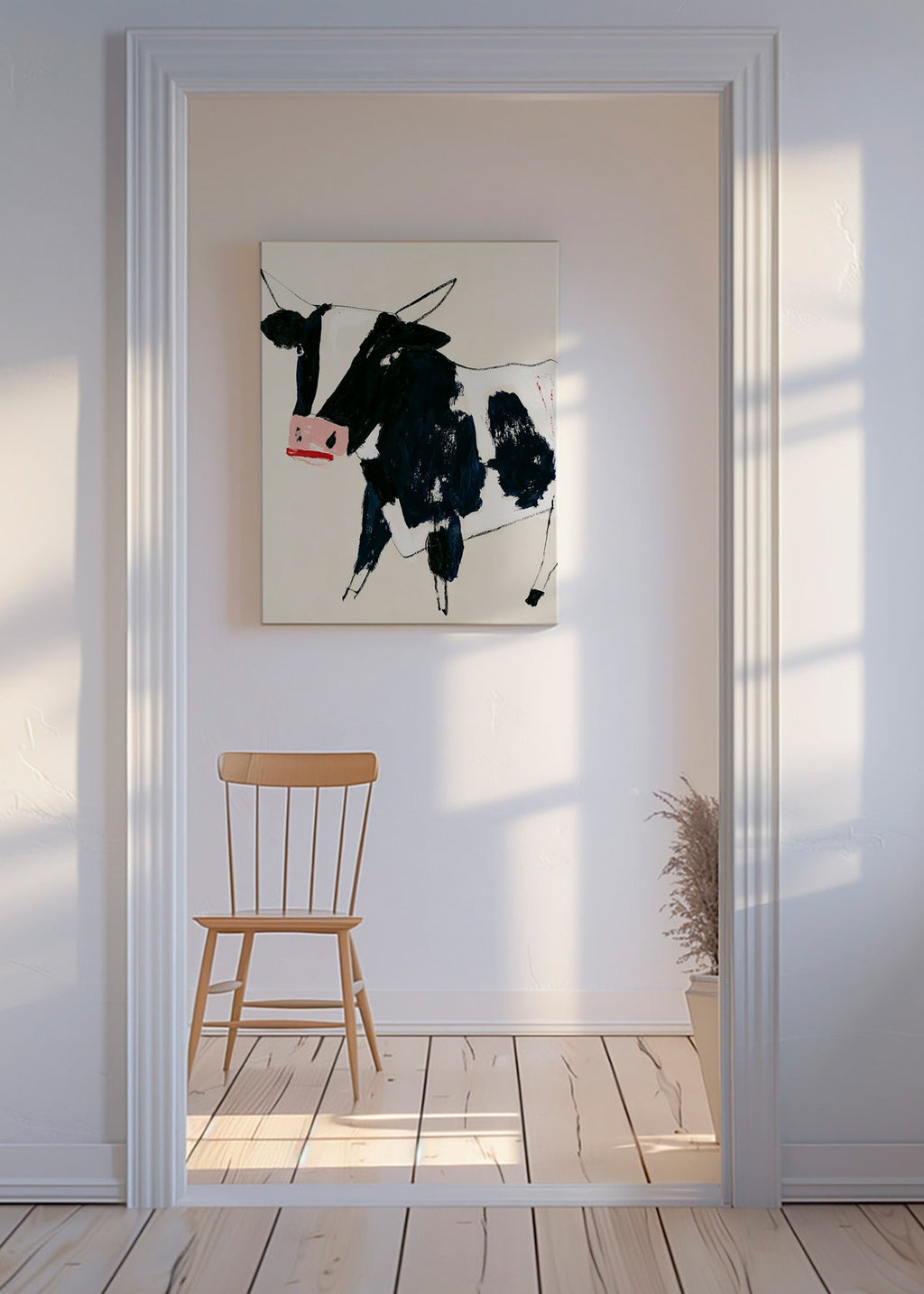 Konstverk ko med lekfulla penseldrag