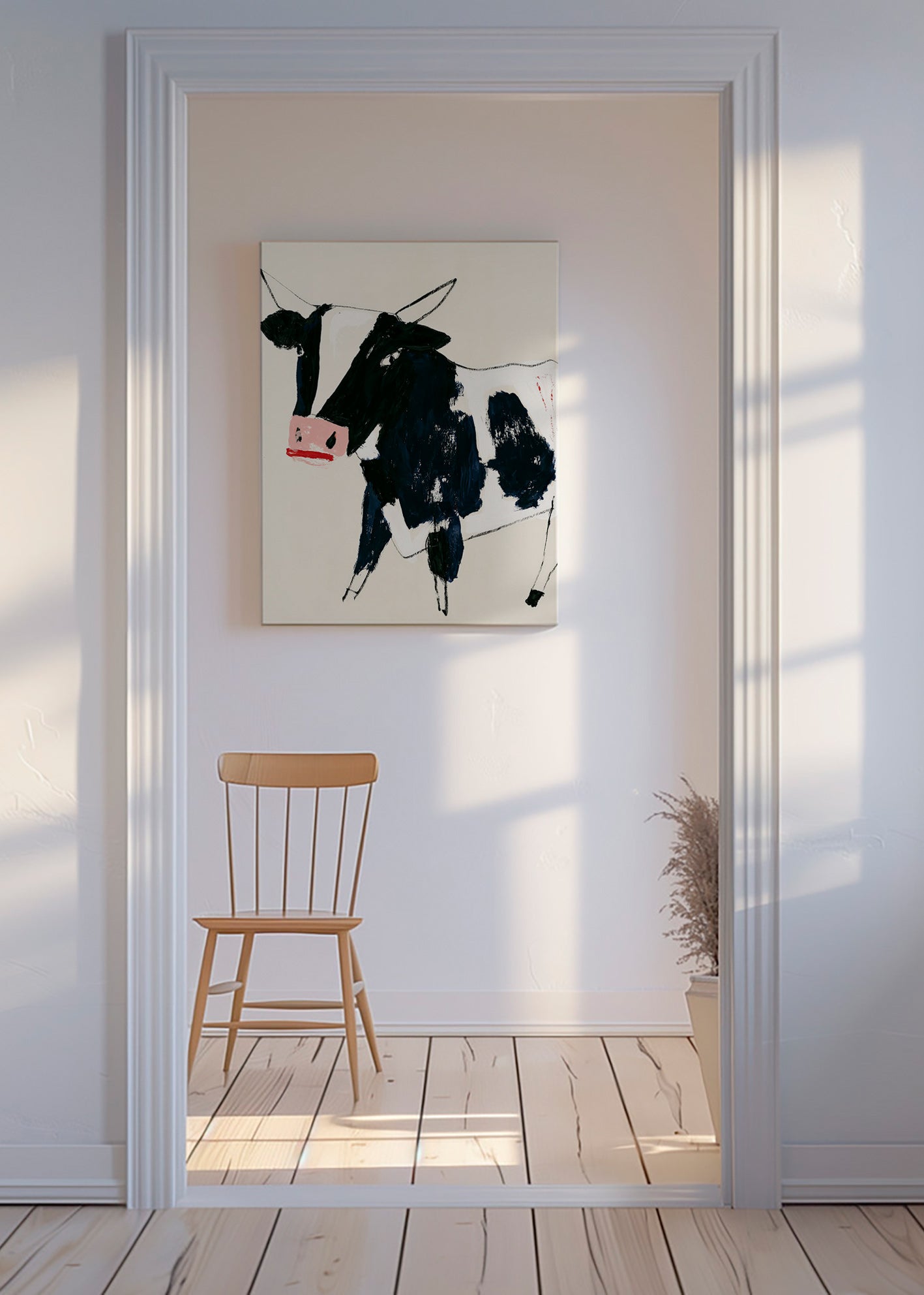 Konstverk ko med lekfulla penseldrag