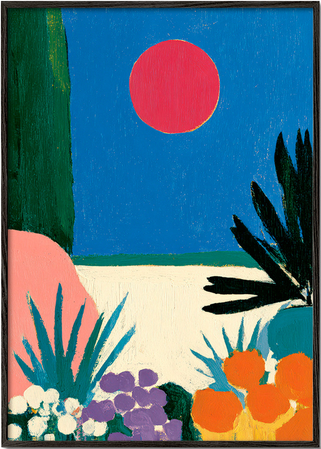 Botanisk poster med röd måne och stiliserad trädgård