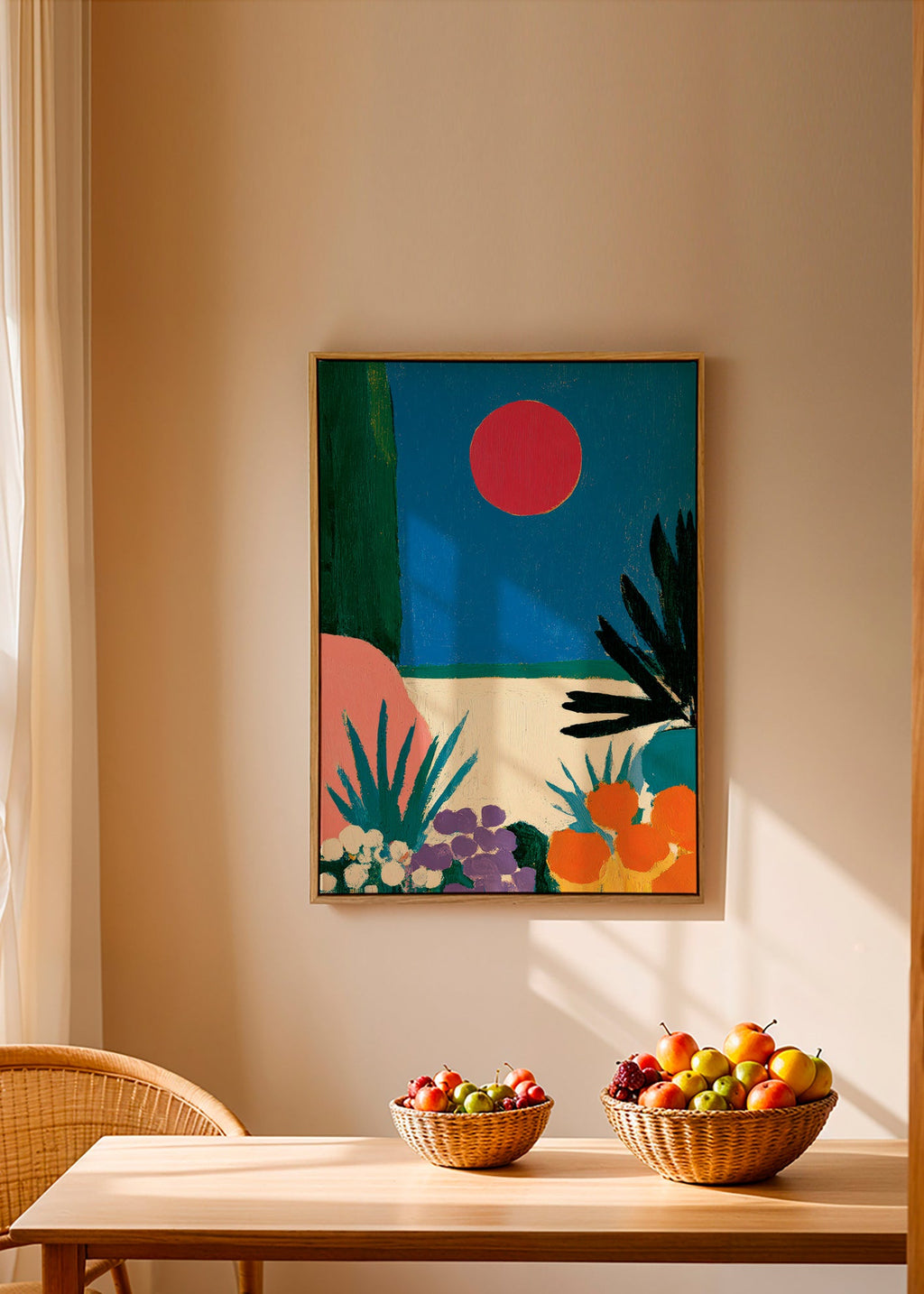 Botanisk poster med röd måne och stiliserad trädgård