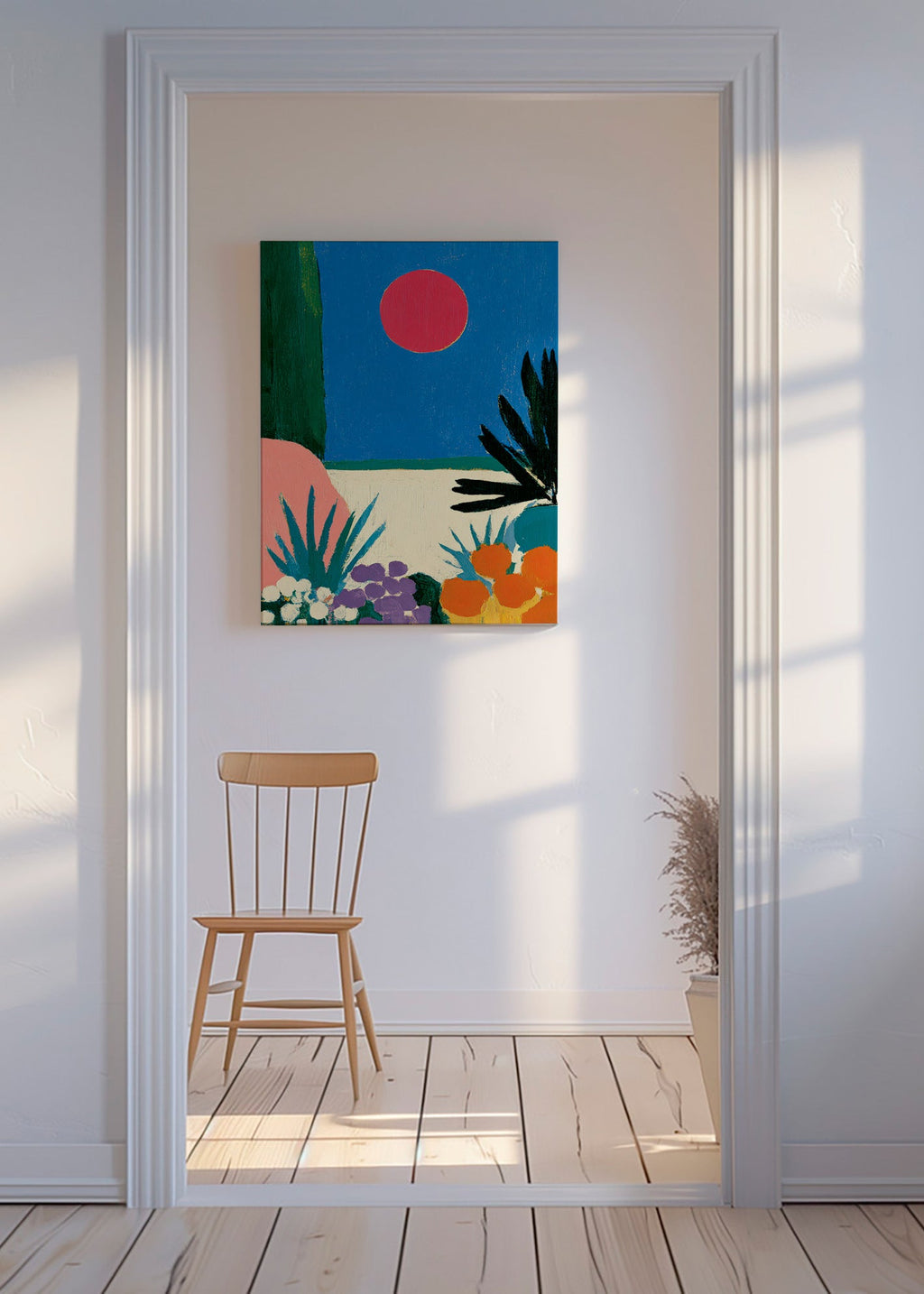Botanisk poster med röd måne och stiliserad trädgård