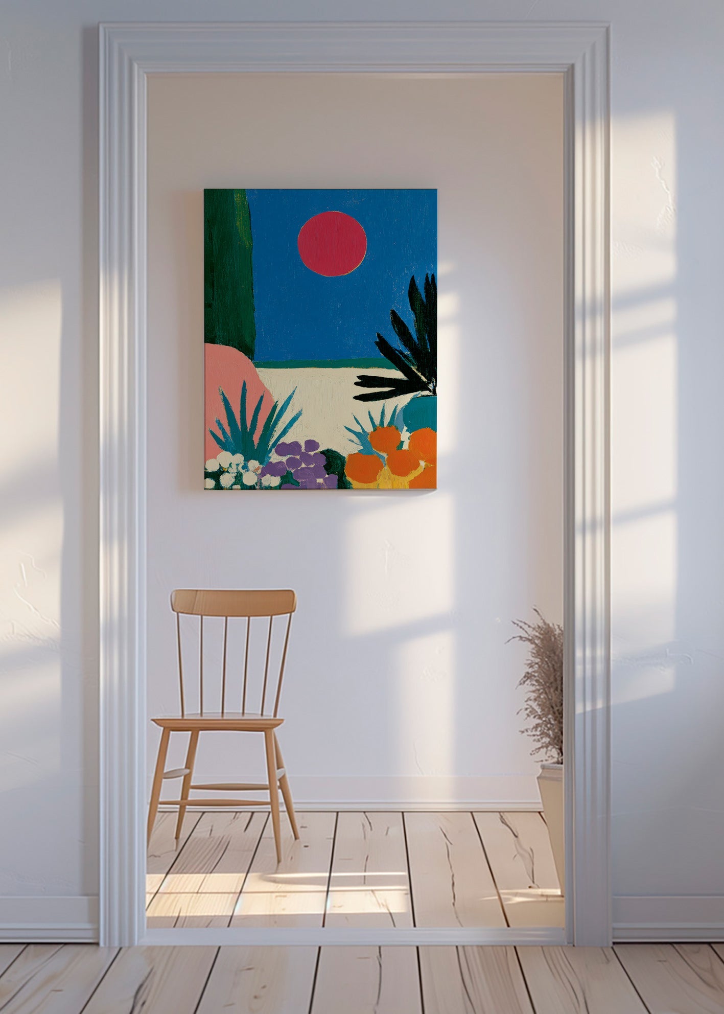 Botanisk poster med röd måne och stiliserad trädgård
