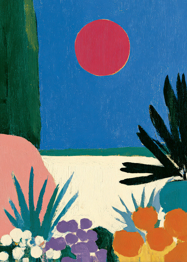 Botanisk poster med röd måne och stiliserad trädgård