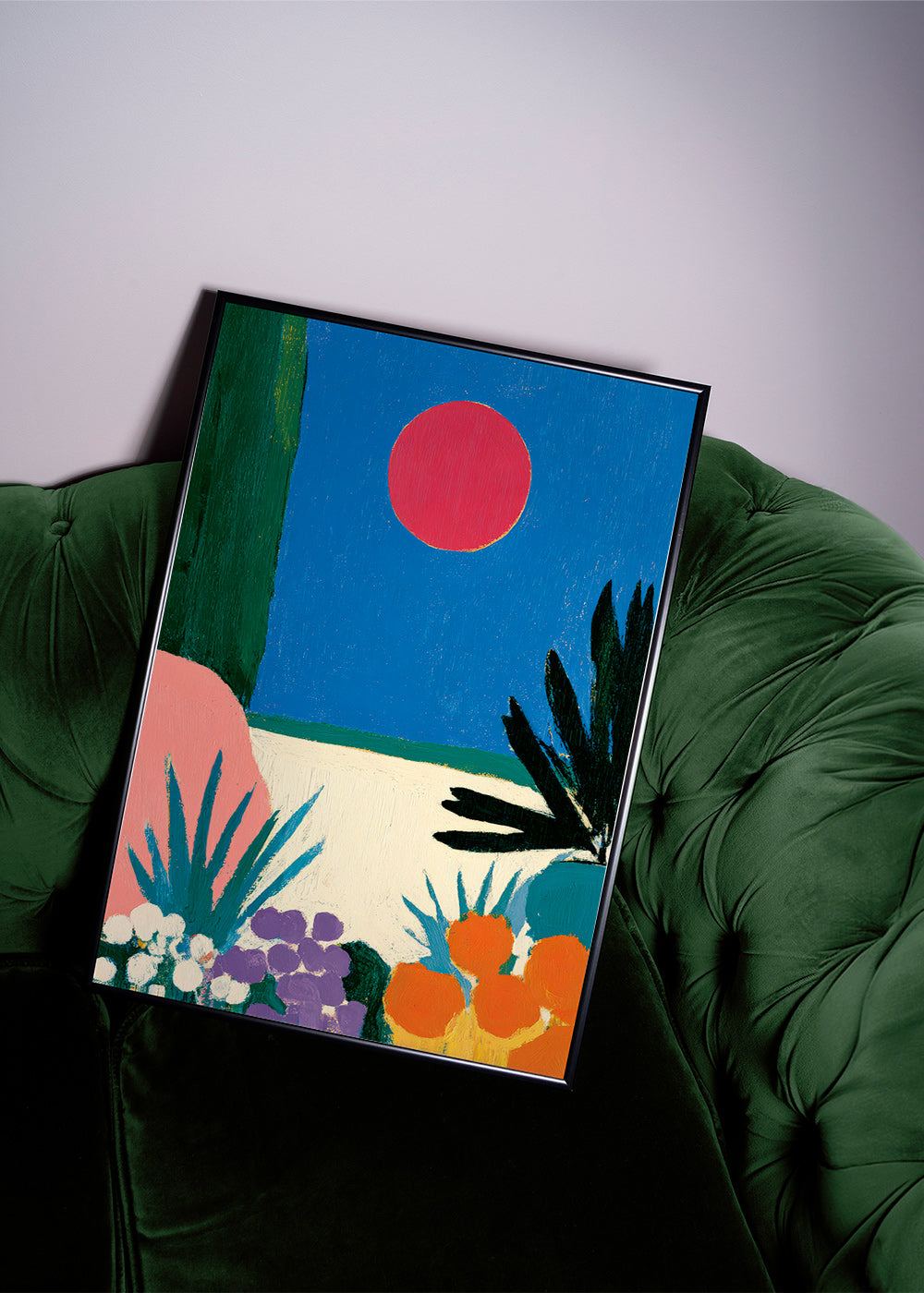Botanisk poster med röd måne och stiliserad trädgård