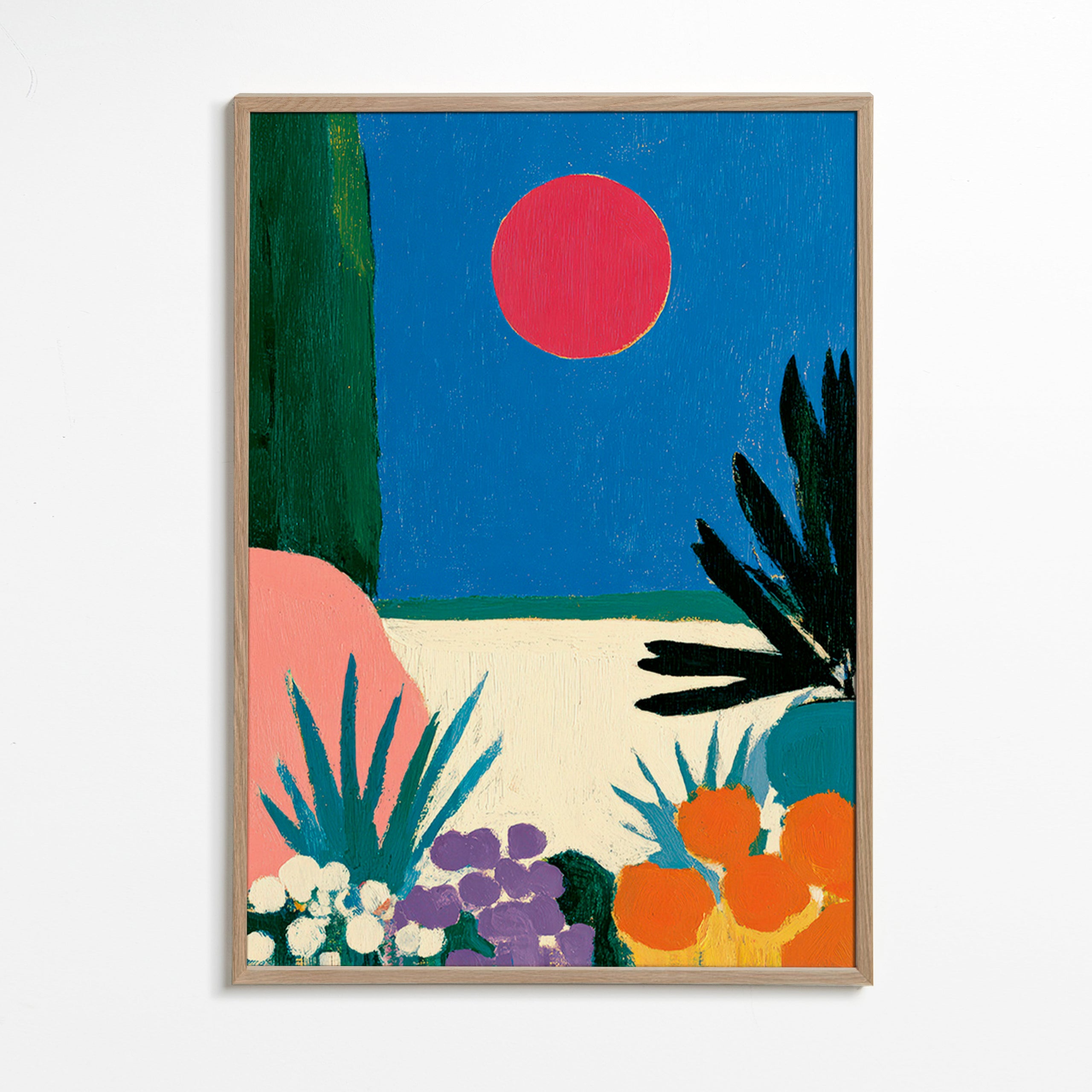 Botanisk poster med röd måne och stiliserad trädgård
