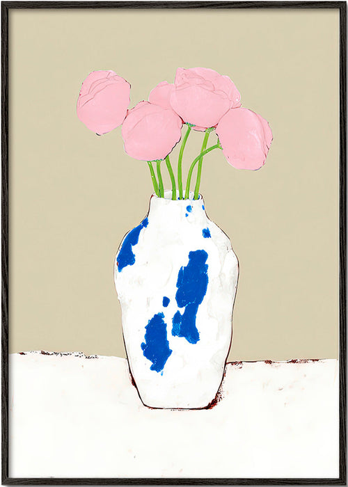 Botanisk poster med pioner i blå vas