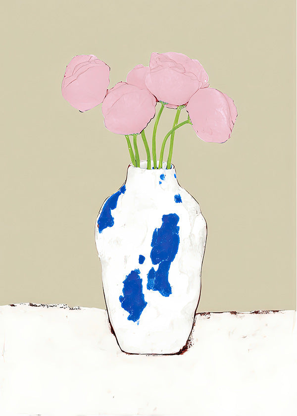 Botanisk poster med pioner i blå vas