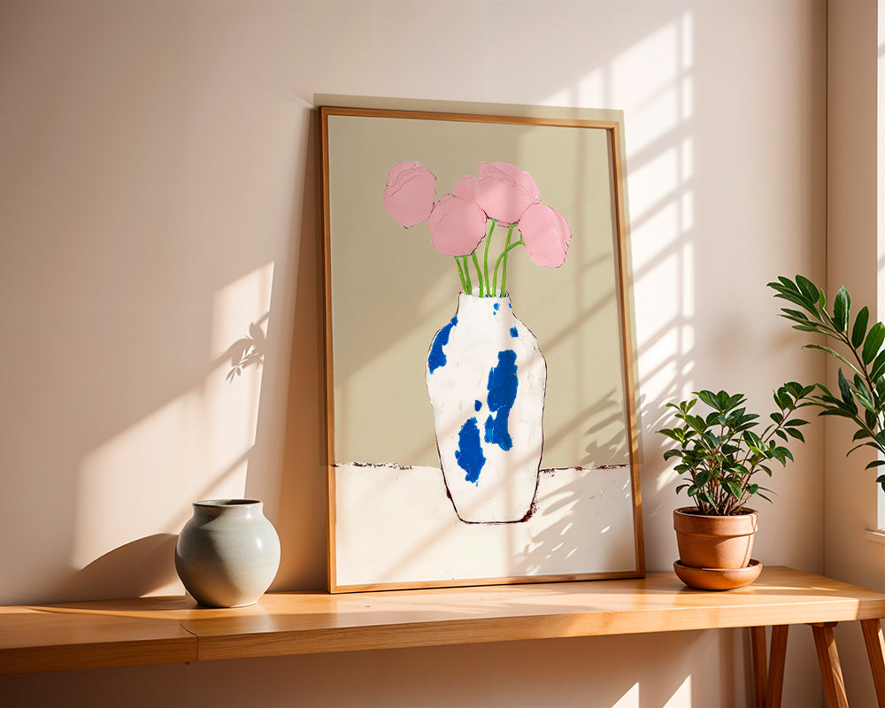 Botanisk poster med pioner i blå vas