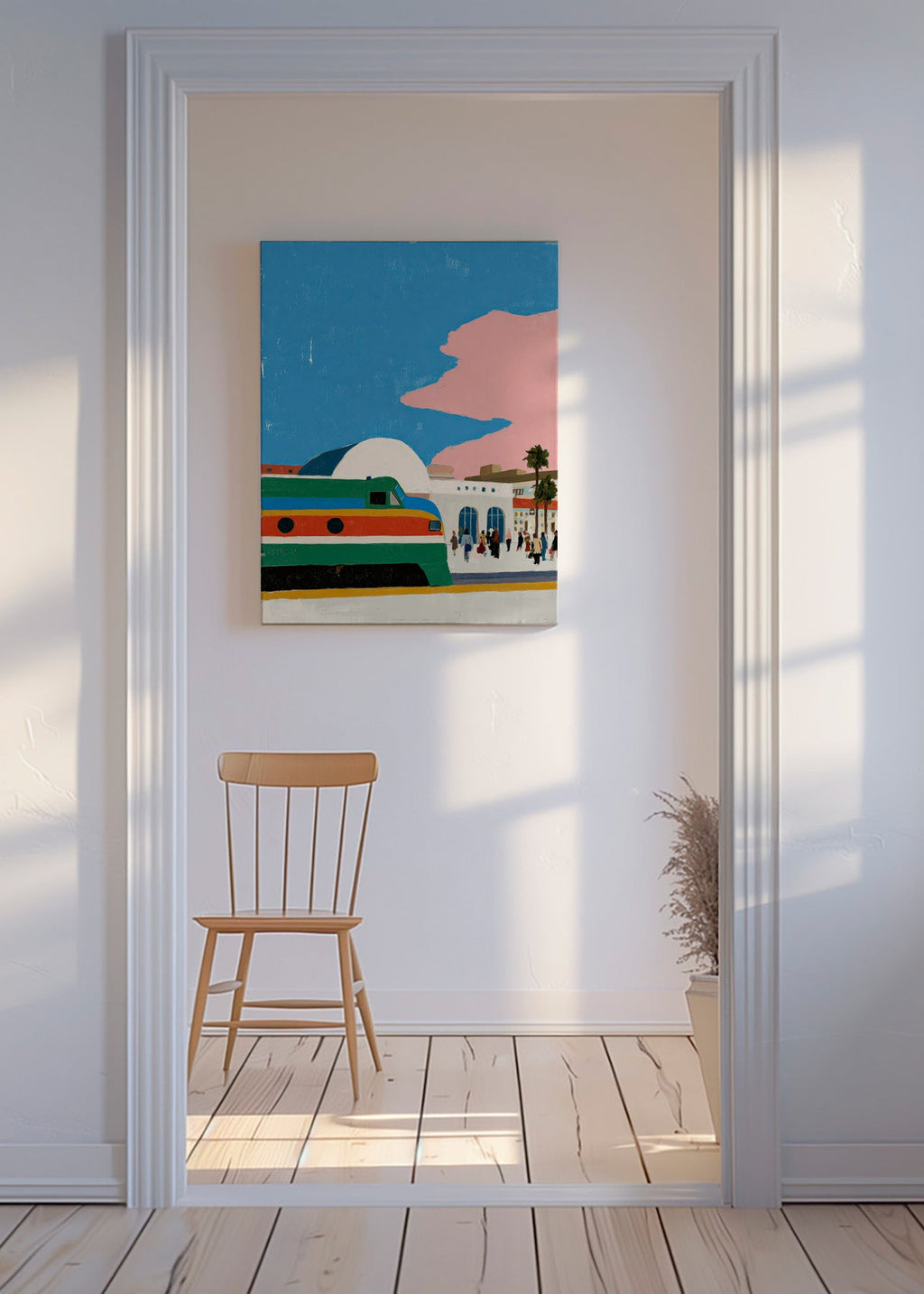 Tågstation konst med färgglad vagn
