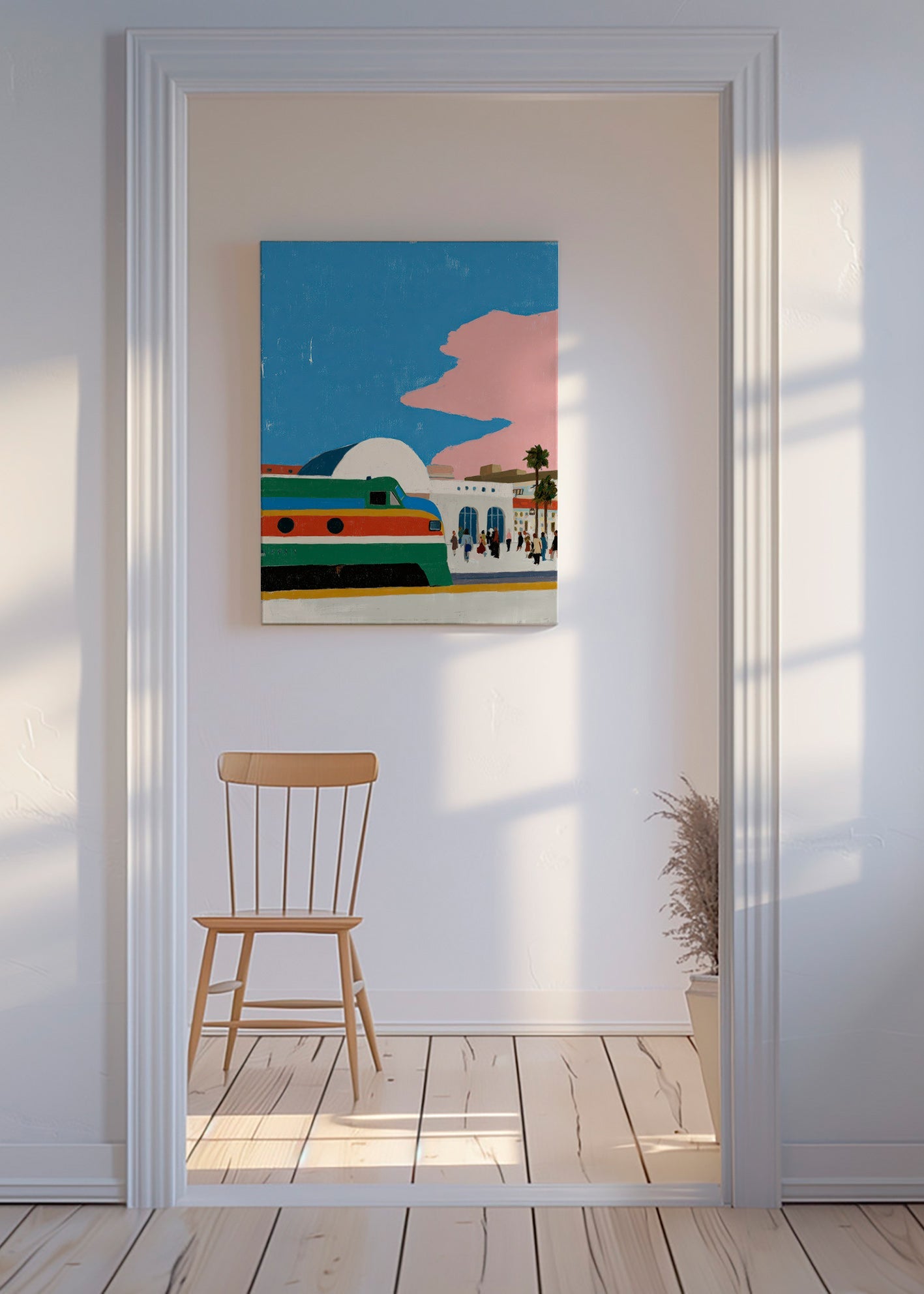 Tågstation konst med färgglad vagn
