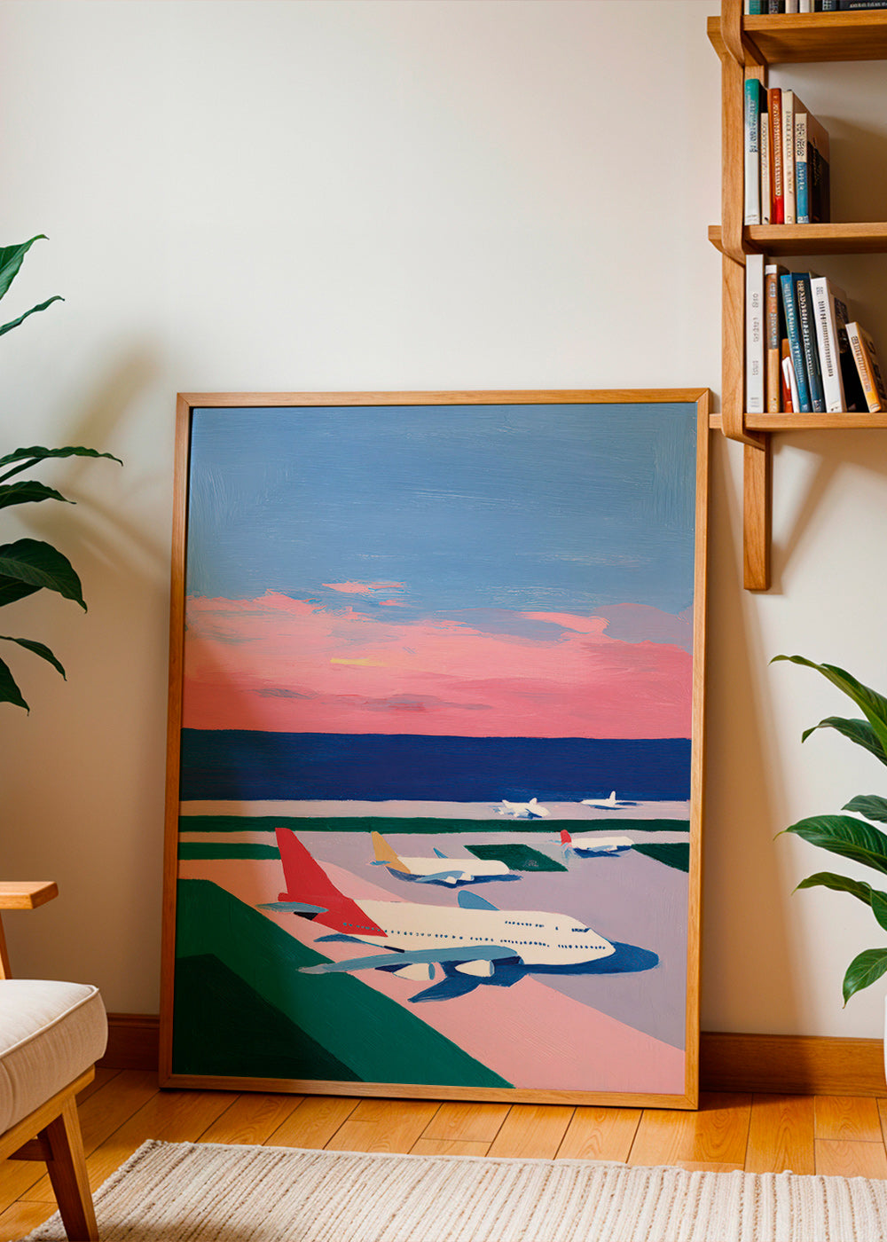 Reseposter med startbana i solnedgång