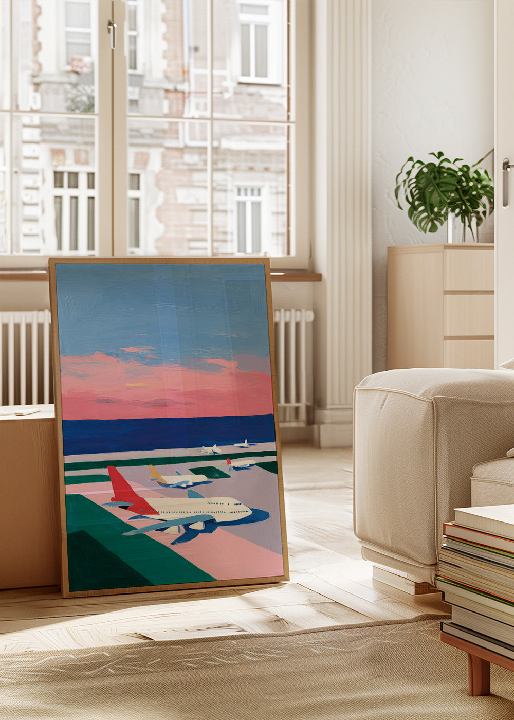 Reseposter med startbana i solnedgång