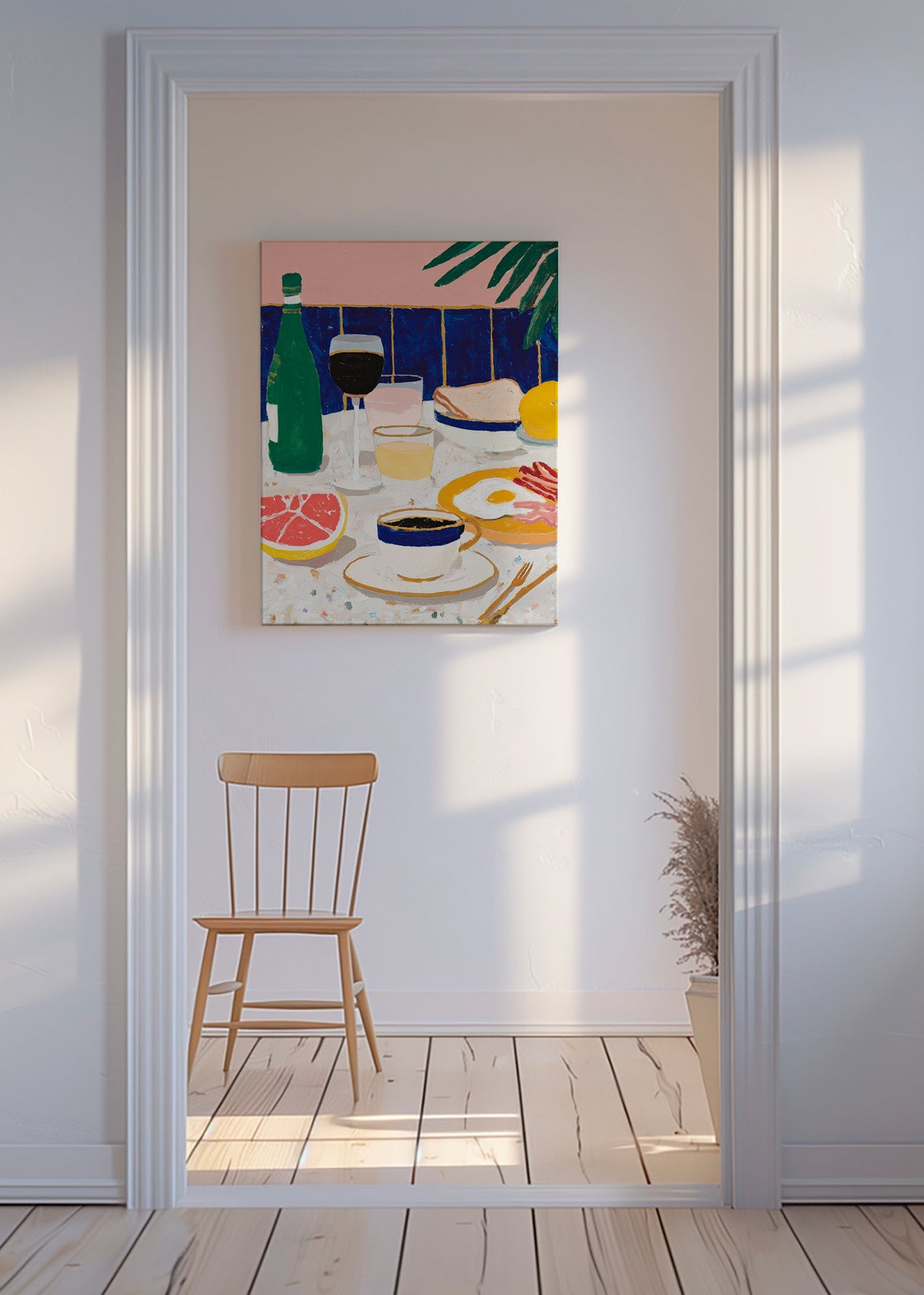 Kökskonst: frukoststillleben med kaffe och citrus