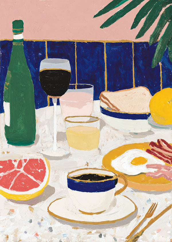 Kökskonst: frukoststillleben med kaffe och citrus