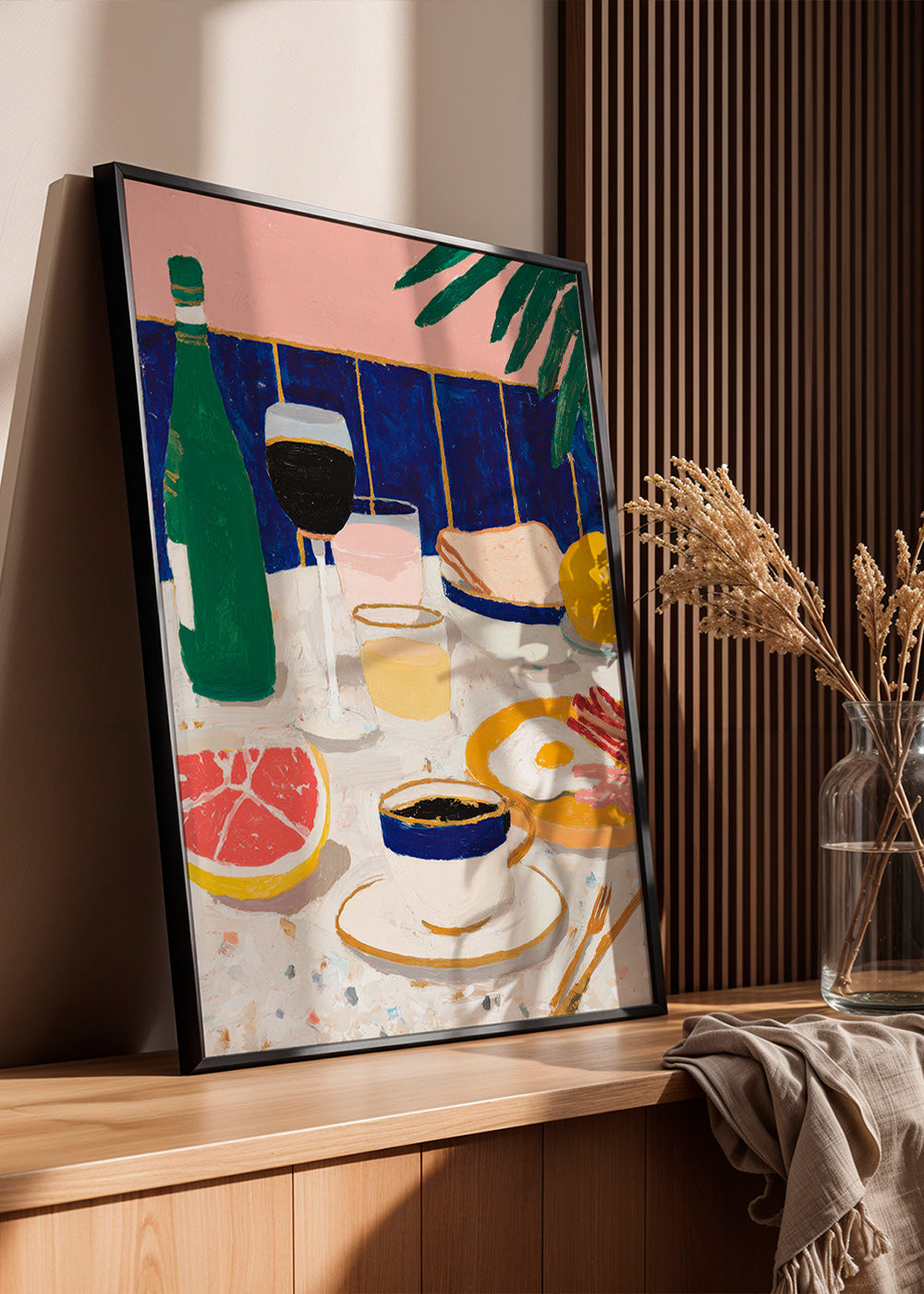 Kökskonst: frukoststillleben med kaffe och citrus
