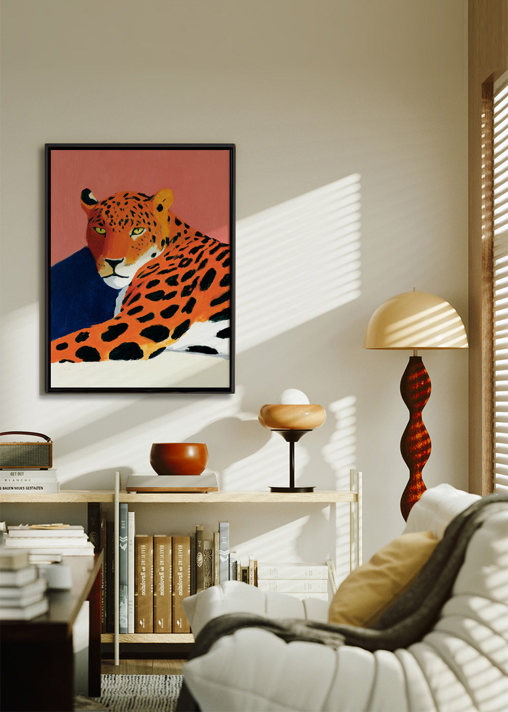 Konstverk: Vila leopard på rosa bakgrund