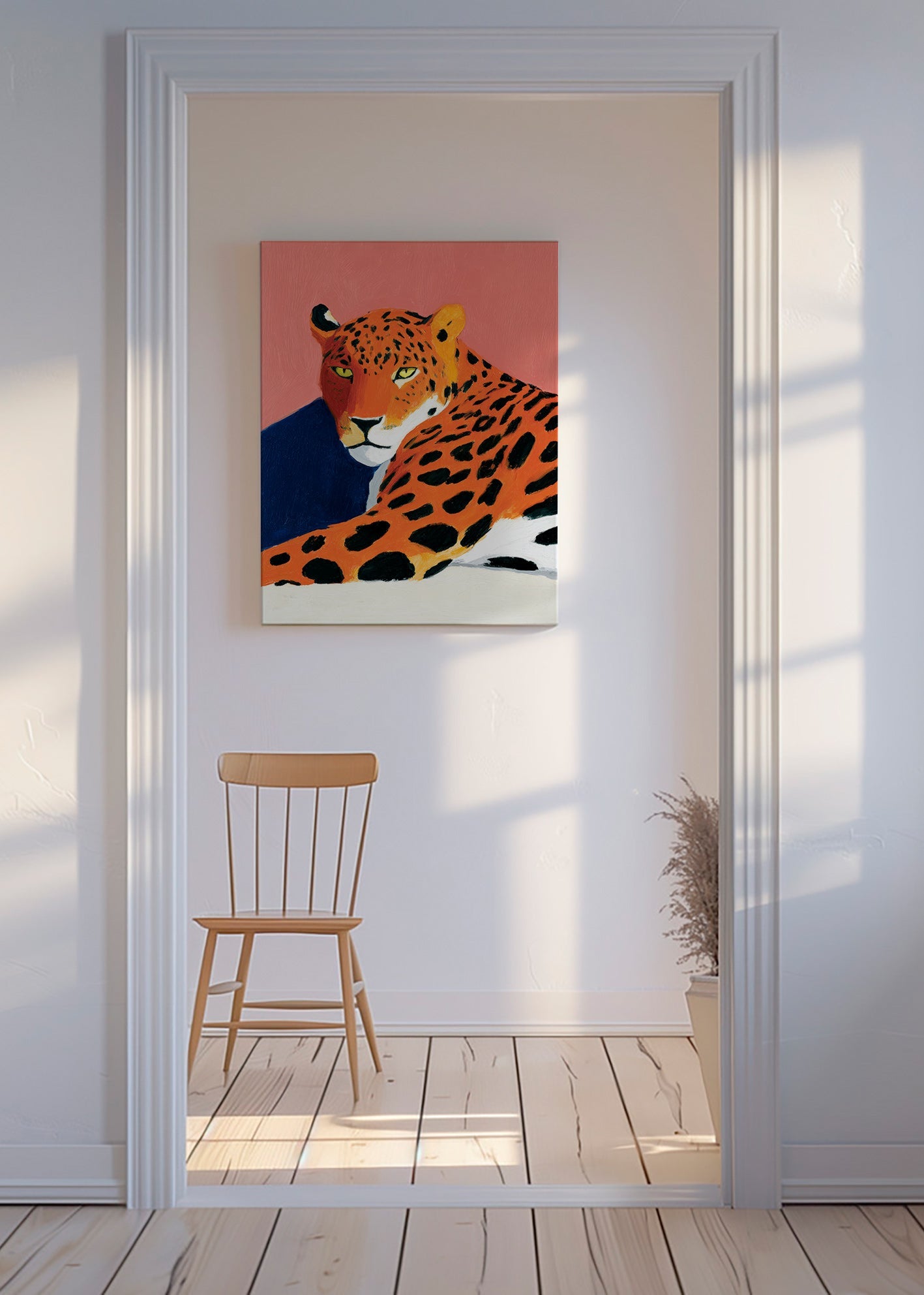 Konstverk: Vila leopard på rosa bakgrund