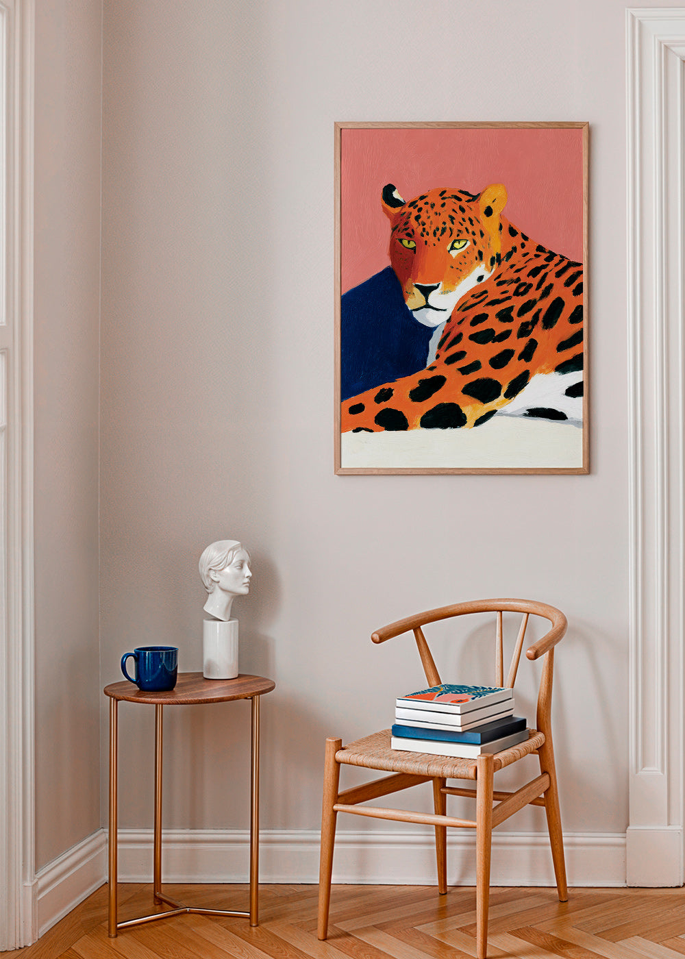 Konstverk: Vila leopard på rosa bakgrund