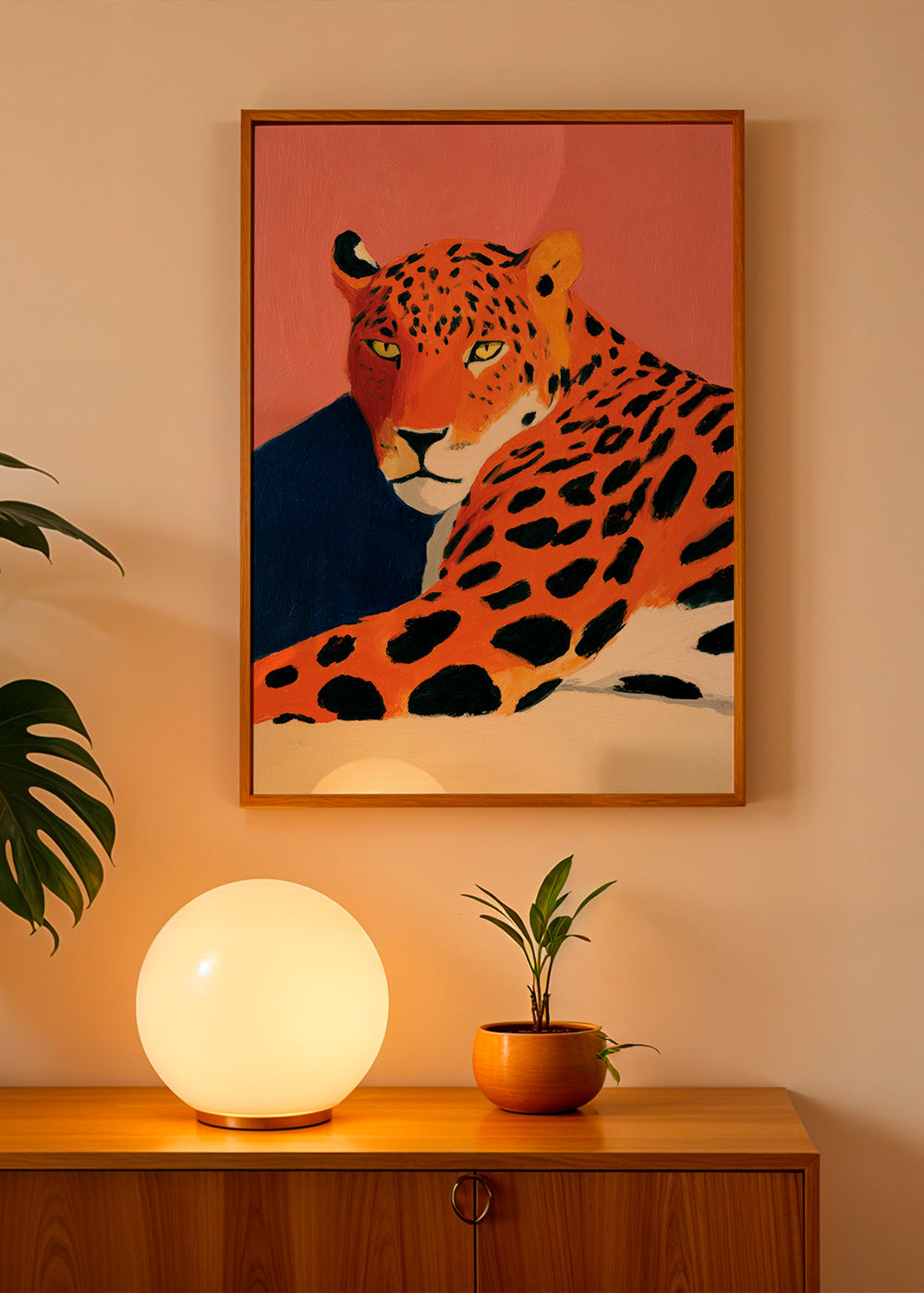 Konstverk: Vila leopard på rosa bakgrund