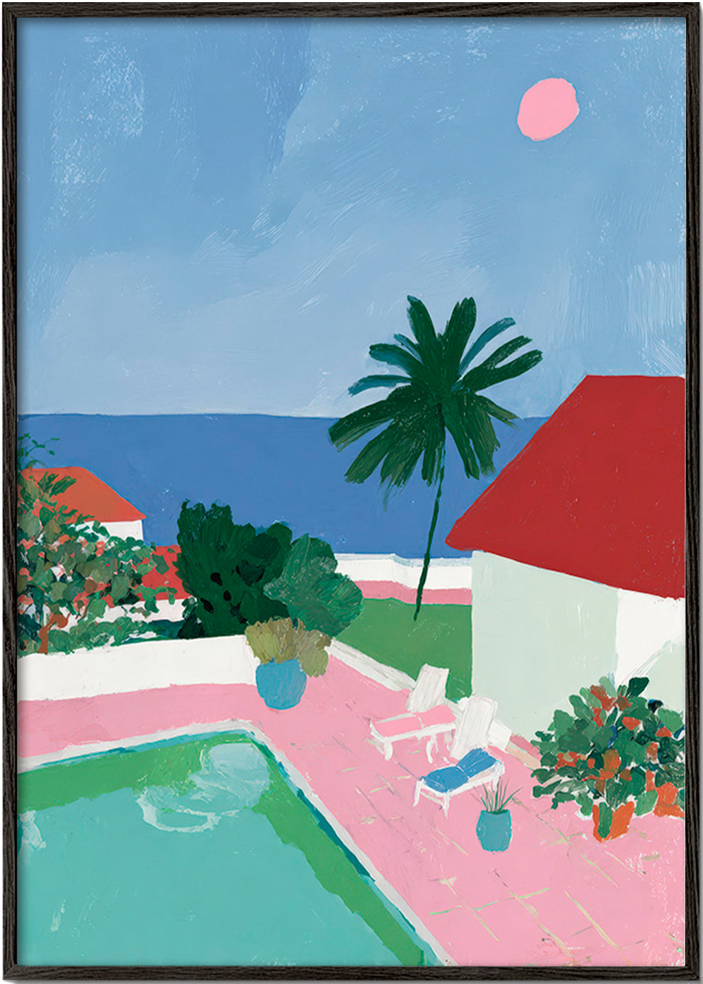 Landskapskonst med pool, palm och rött tak