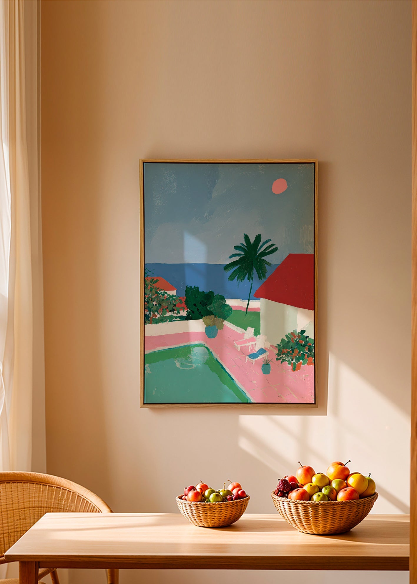 Landskapskonst med pool, palm och rött tak