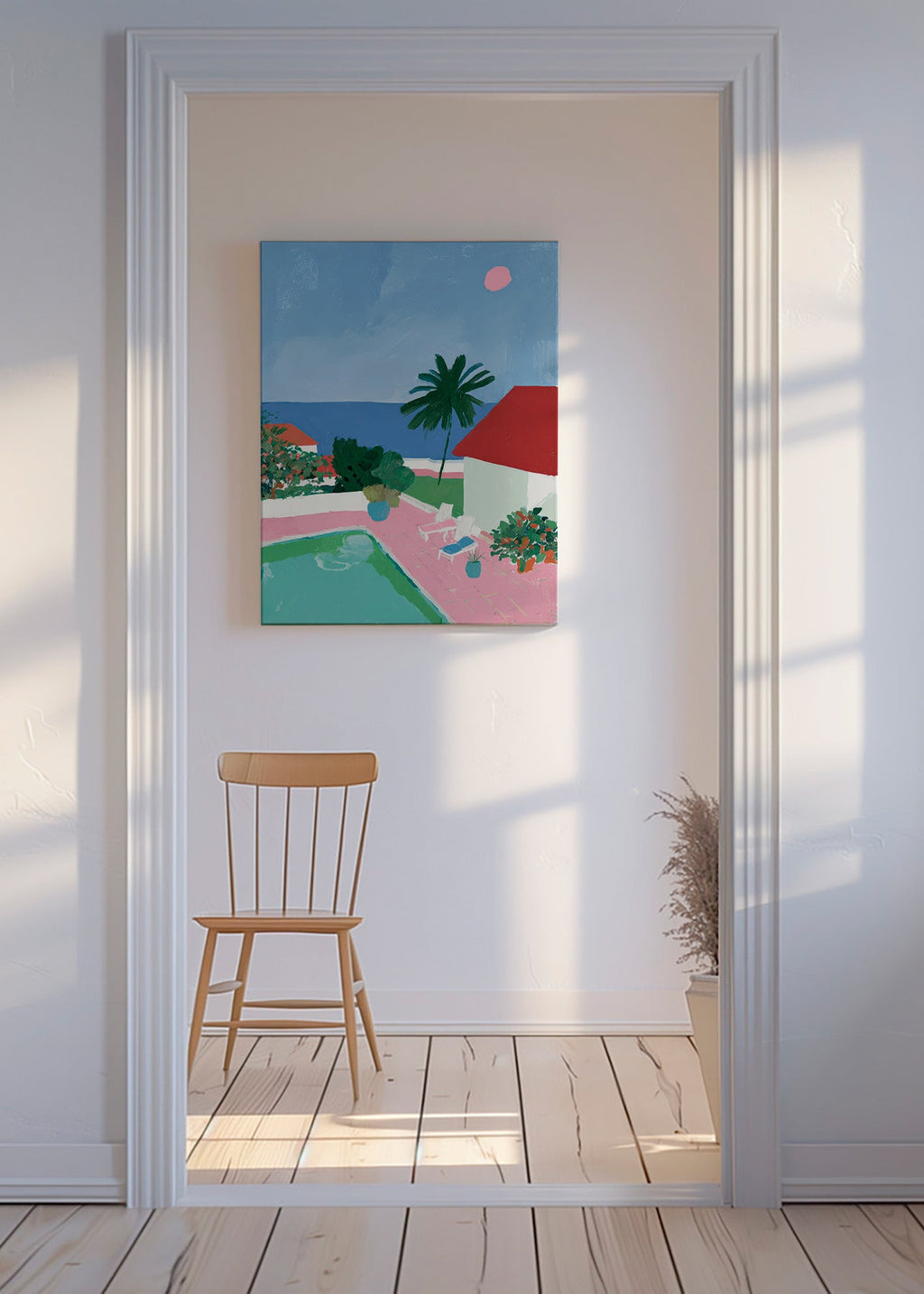 Landskapskonst med pool, palm och rött tak