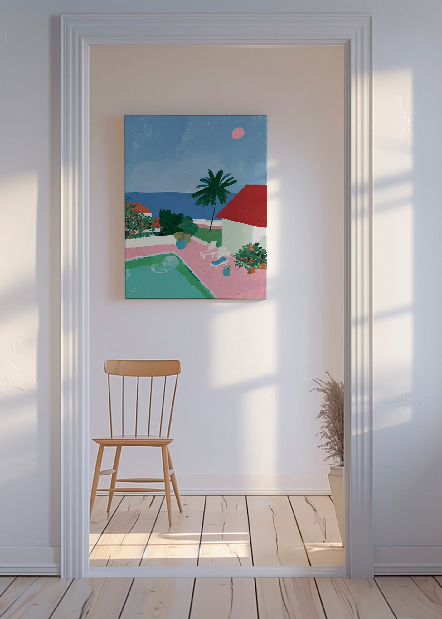 Landskapskonst med pool, palm och rött tak