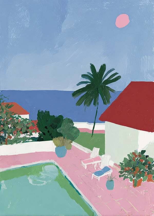 Landskapskonst med pool, palm och rött tak