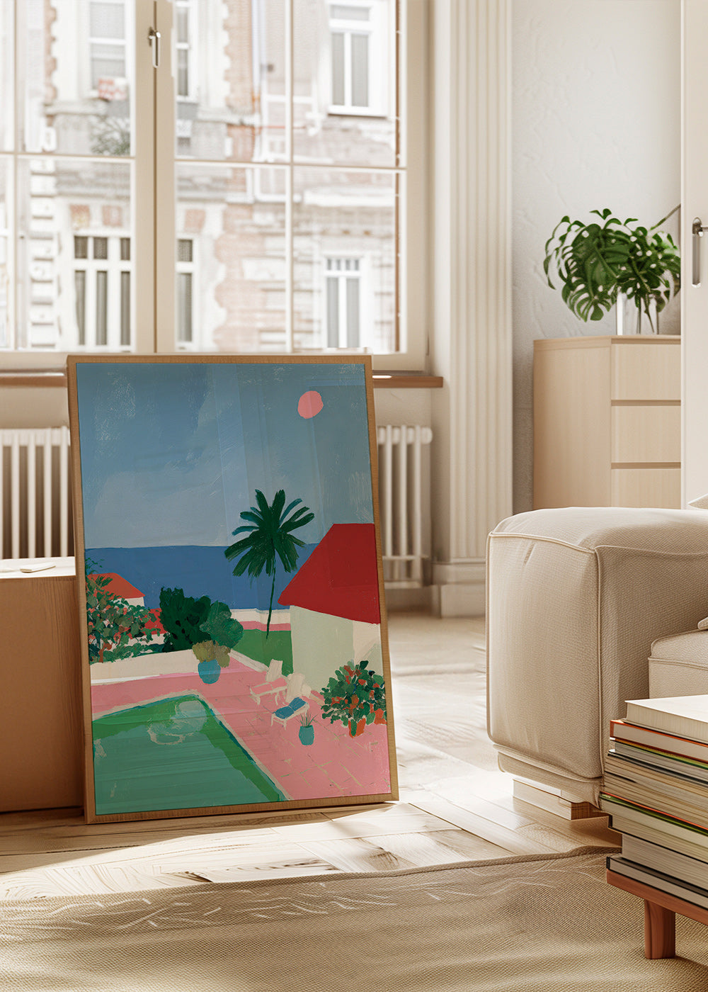 Landskapskonst med pool, palm och rött tak