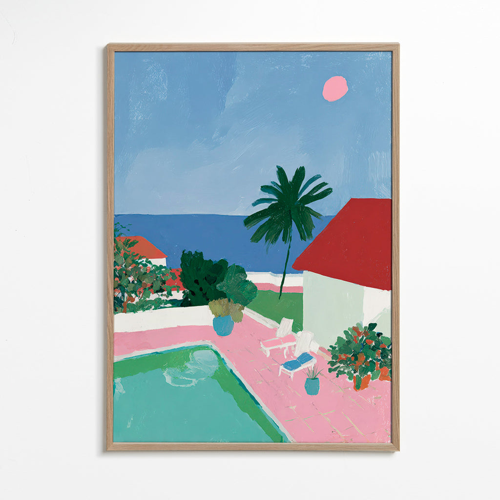Landskapskonst med pool, palm och rött tak