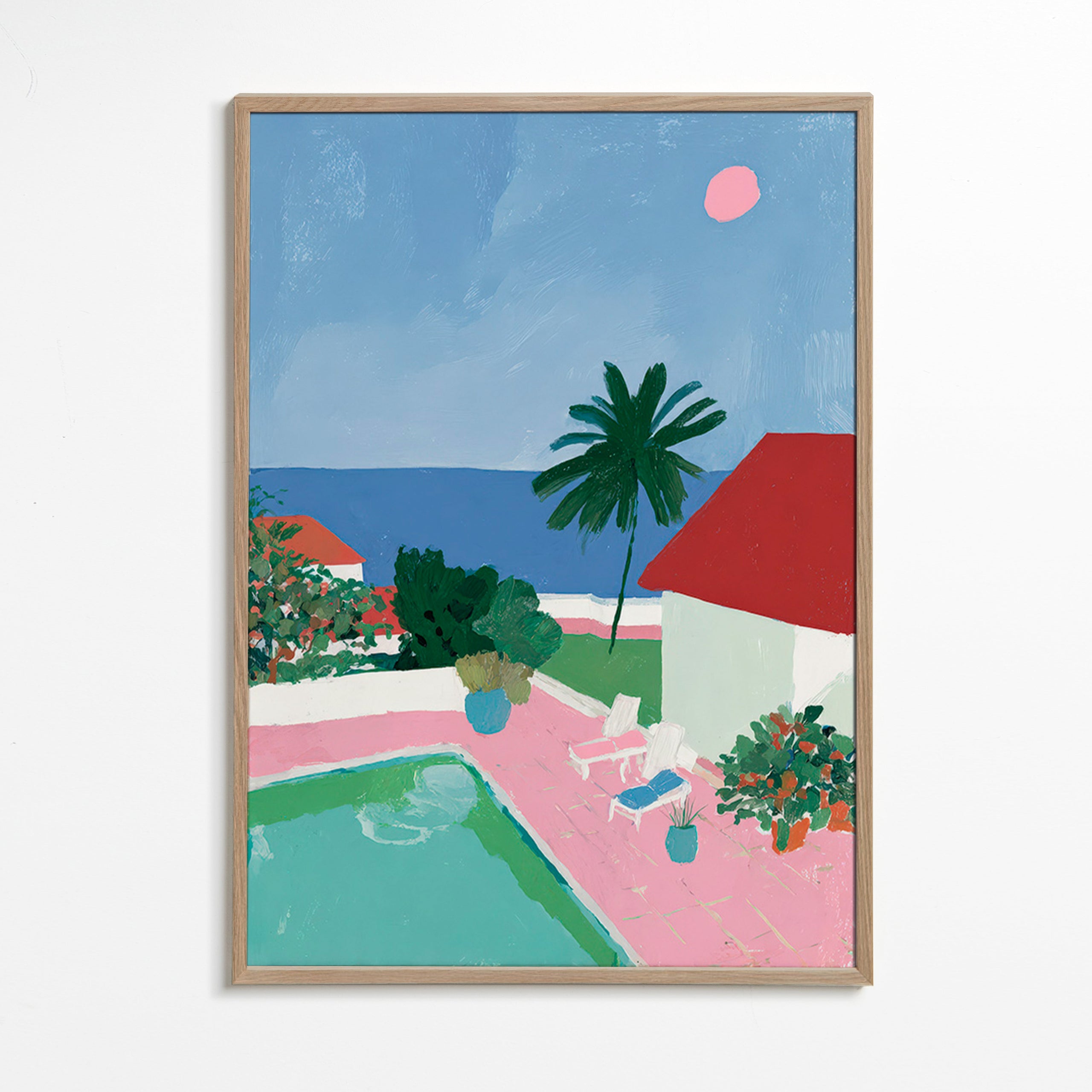 Landskapskonst med pool, palm och rött tak