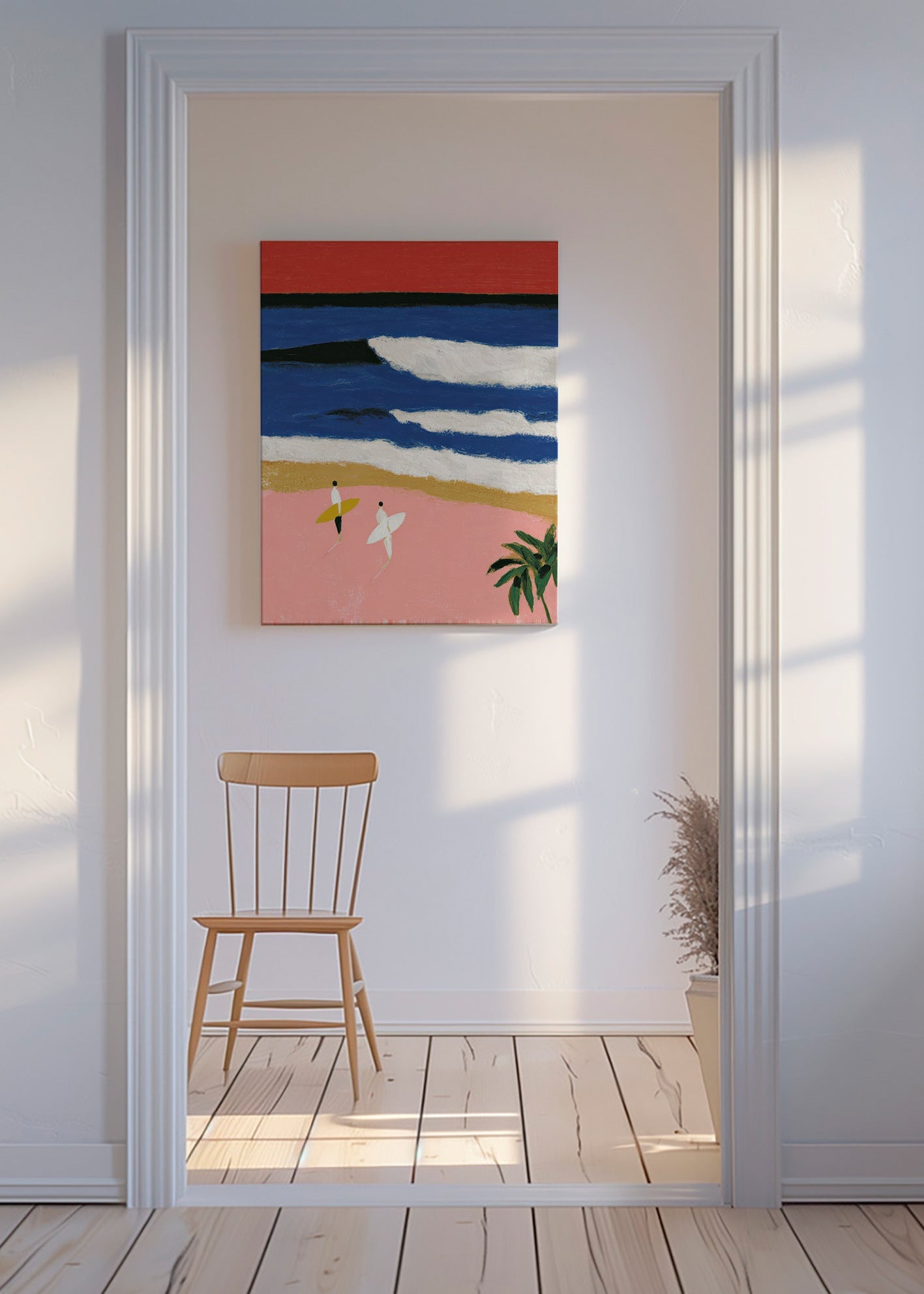 Landskapsmålning med surfare och rosa sand