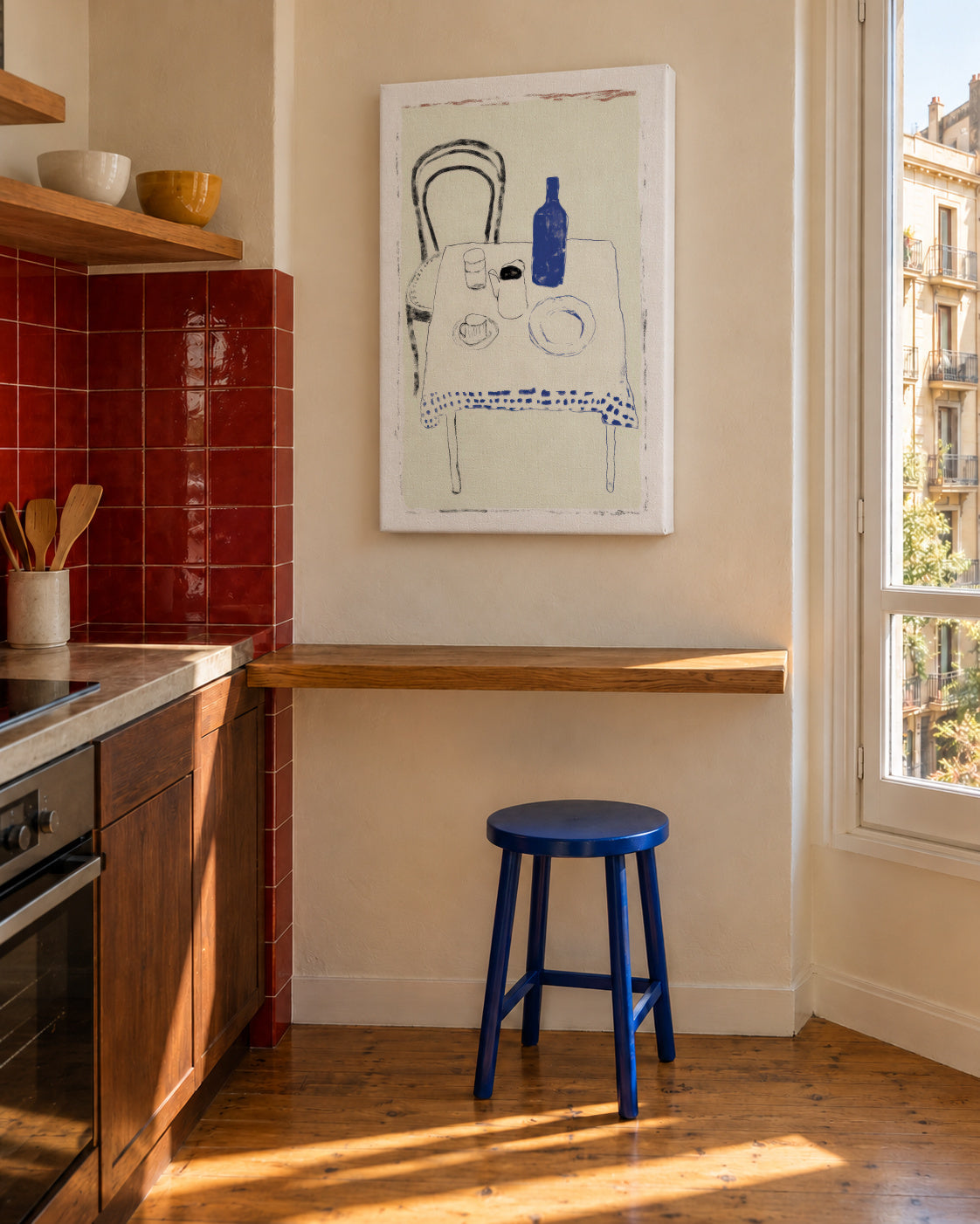 Blue Bottle Table - Unframed canvas in an interior