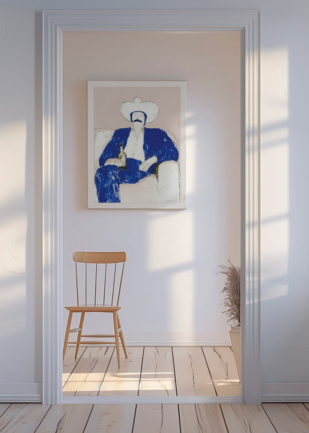 Illustration av sittande blå cowboy