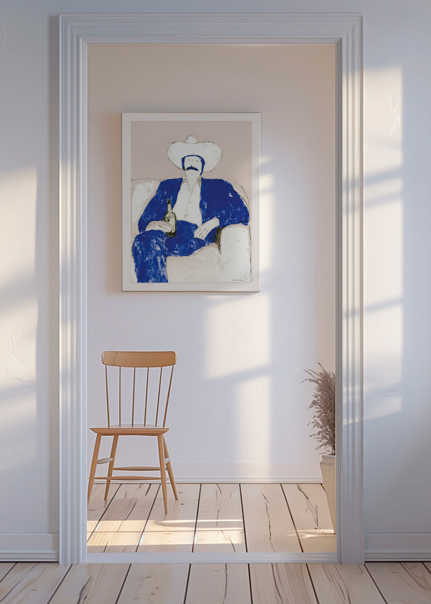 Illustration av sittande blå cowboy
