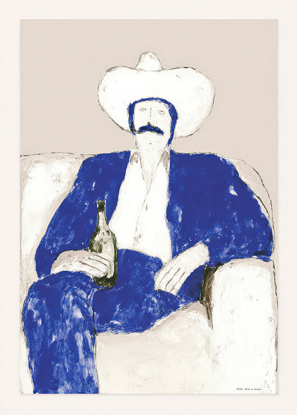 Illustration av sittande blå cowboy