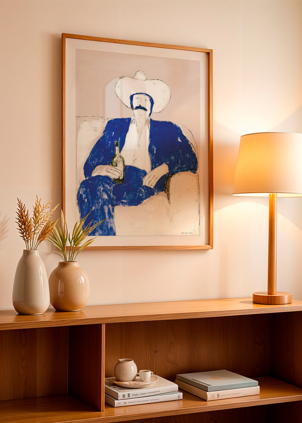 Illustration av sittande blå cowboy