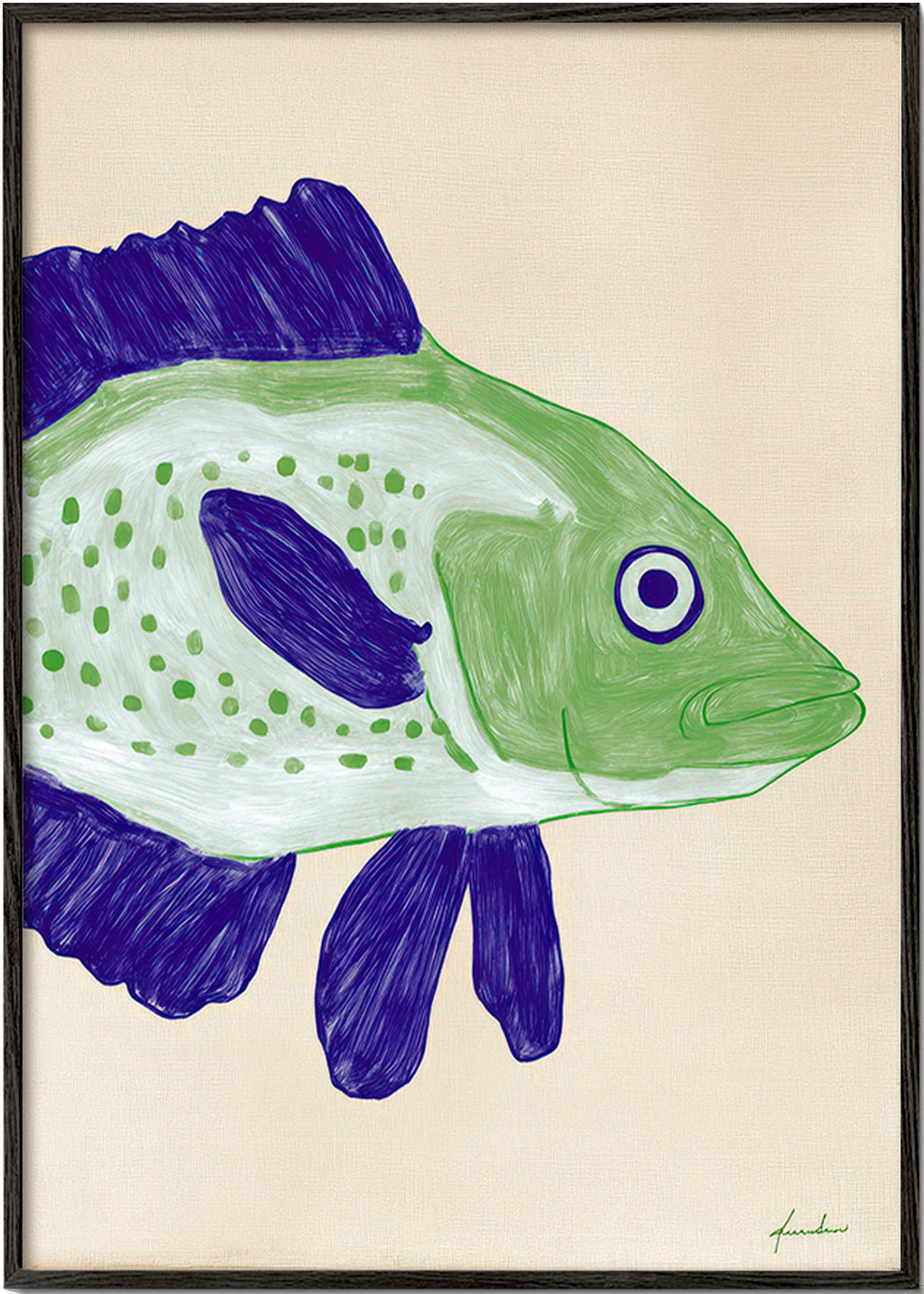 Fiskillustration grön kropp med blå streck