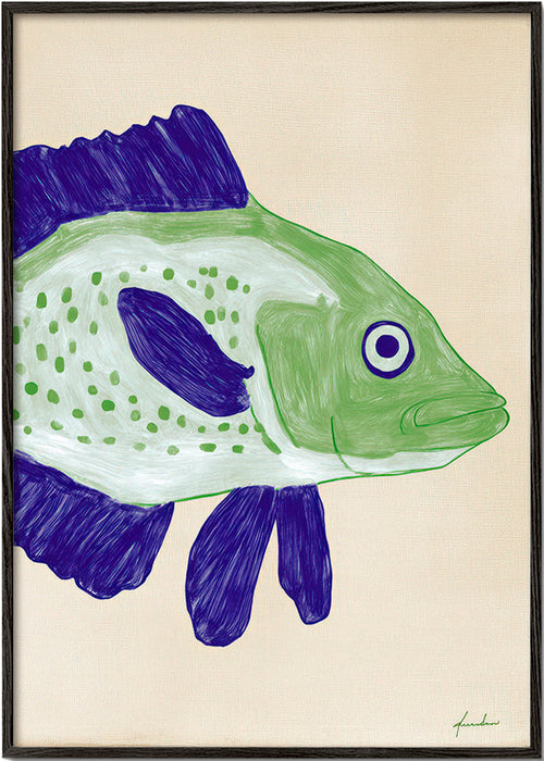 Fiskillustration grön kropp med blå streck