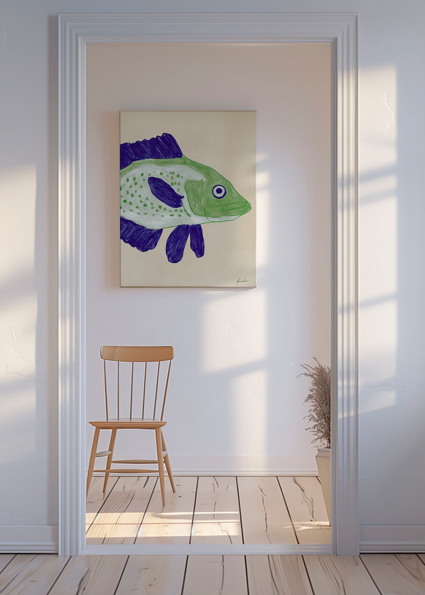 Fiskillustration grön kropp med blå streck