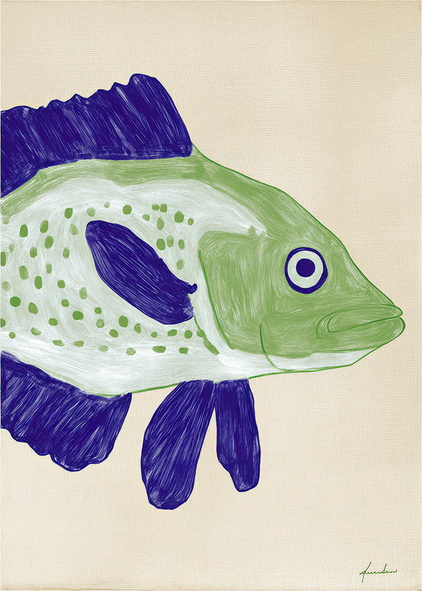 Fiskillustration grön kropp med blå streck