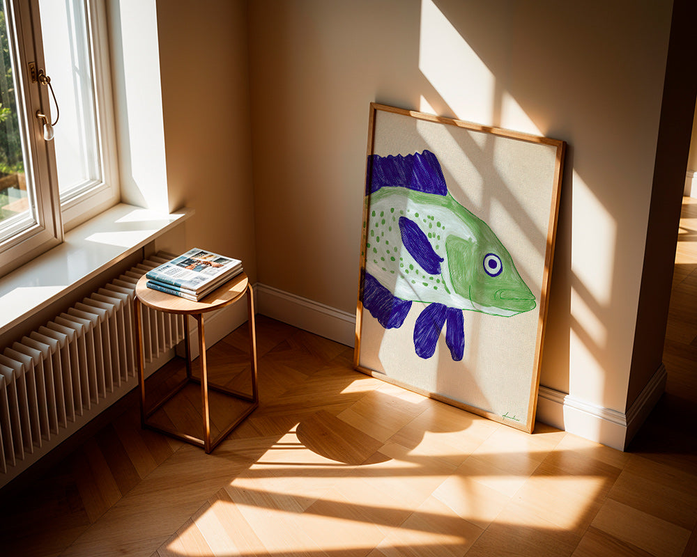 Fiskillustration grön kropp med blå streck