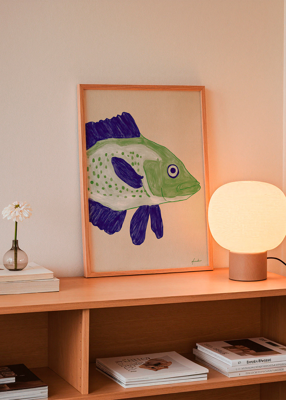 Fiskillustration grön kropp med blå streck