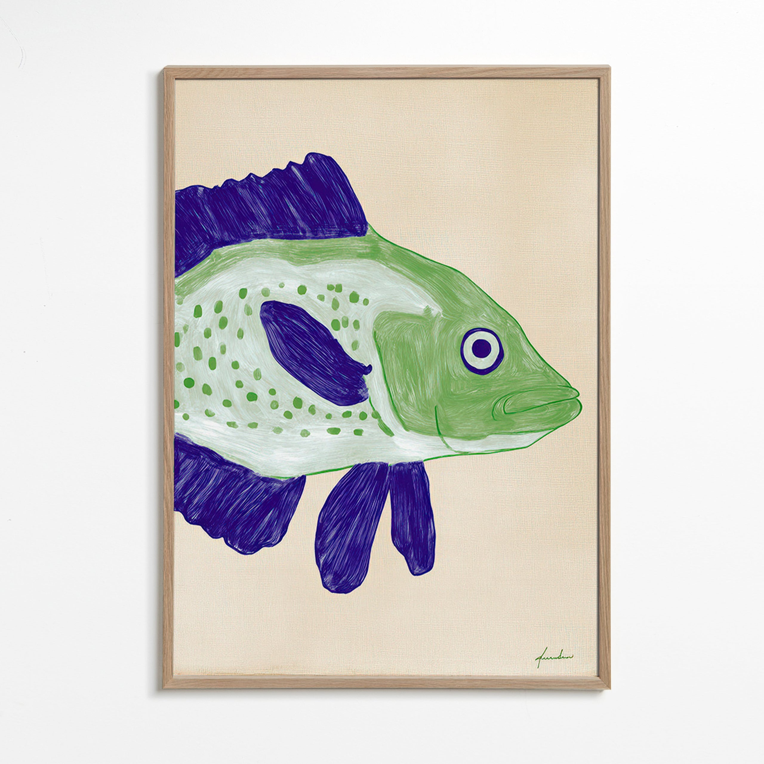 Fiskillustration grön kropp med blå streck