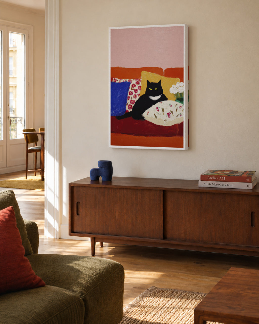 Black Cat Morning - Unframed canvas in an interior