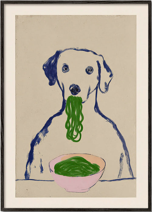 Kökskonst: hund som äter nudlar