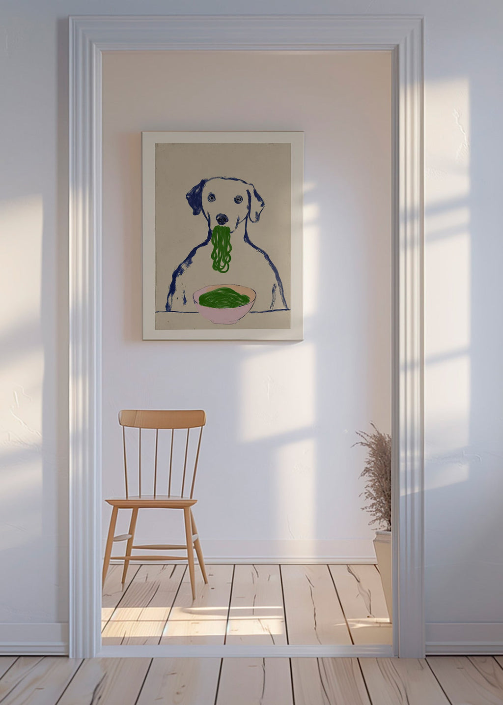 Kökskonst: hund som äter nudlar