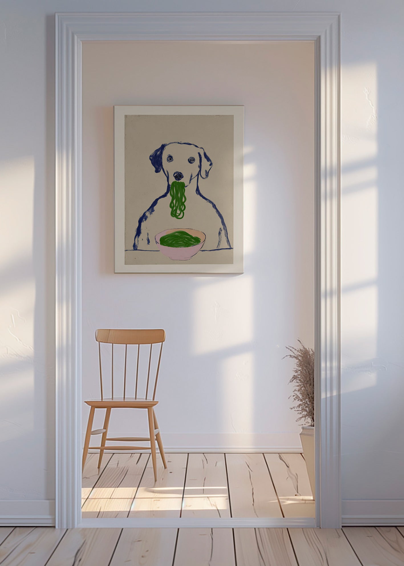 Kökskonst: hund som äter nudlar